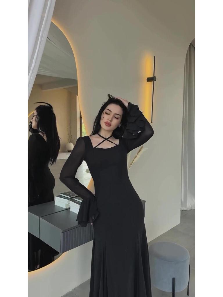 2024 Autumn Cross-border Elegant Chiffon Ruffle Tie-up Slimming Dress