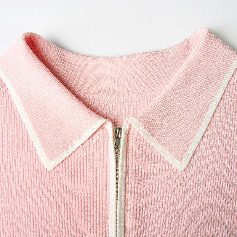 Summer Color Block Polo Neck Knit: Northern Deer Lyocell-Cotton-Linen Short Sleeve