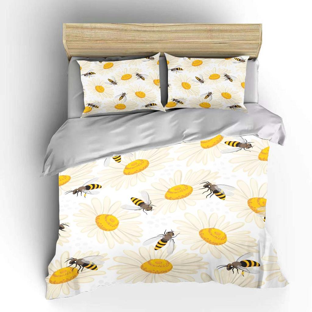 Bienen und Gänseblümchen Muster Bettwäsche Set für Kinder Luxuriöses Geschenk 3tlg Digitaldruck Bettdecken Set Weich Bequem Atmungsaktiv