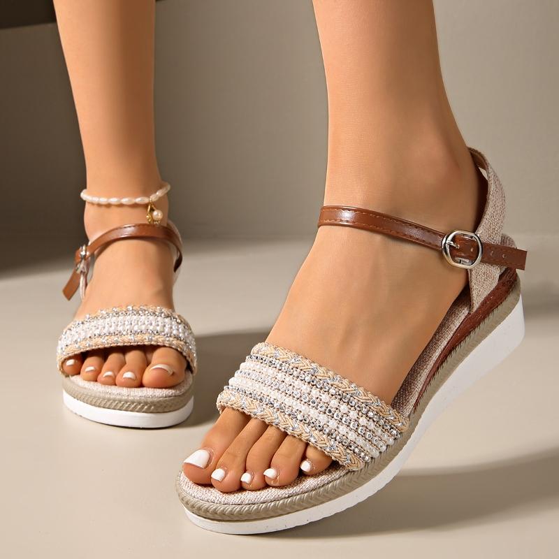 

Fashion Vintage Fringe Platform Sandals for Women Casual Brown Wedge Sandals Women Summer Buckle Decor Weightlight Flat Sandalias Mujer 36 бежевый