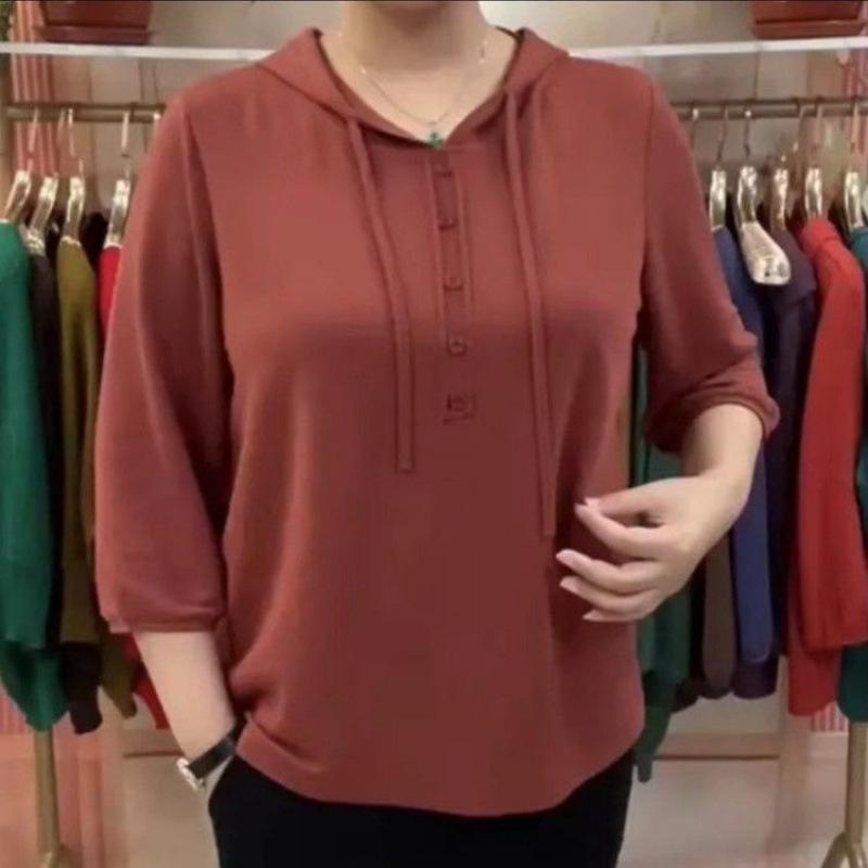 Chic Age-Defying Hooded Women's Spring Top - Loose Fit, Elastic, Versatile, Seven-Sleeve Design.