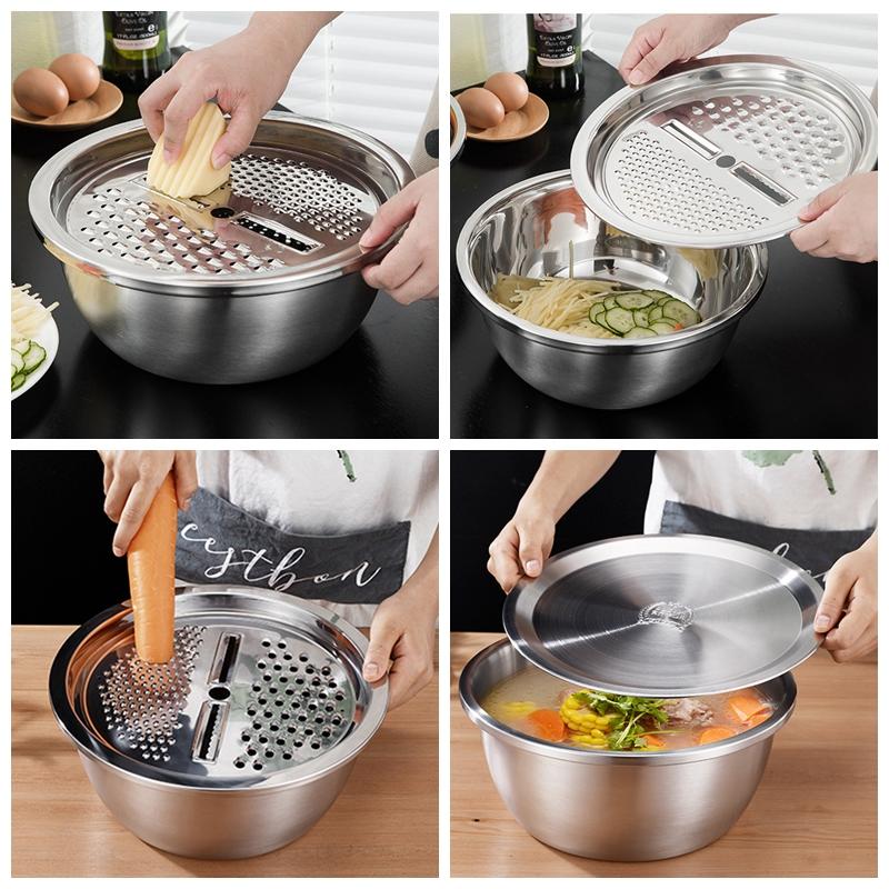 4Pcs Set 304 Stainless Steel Bowl with Lid Kitchen Cooking Salad Bowls Mixing Set Washing Waste Basket Soup Bowl Soup Bowl | Bowls