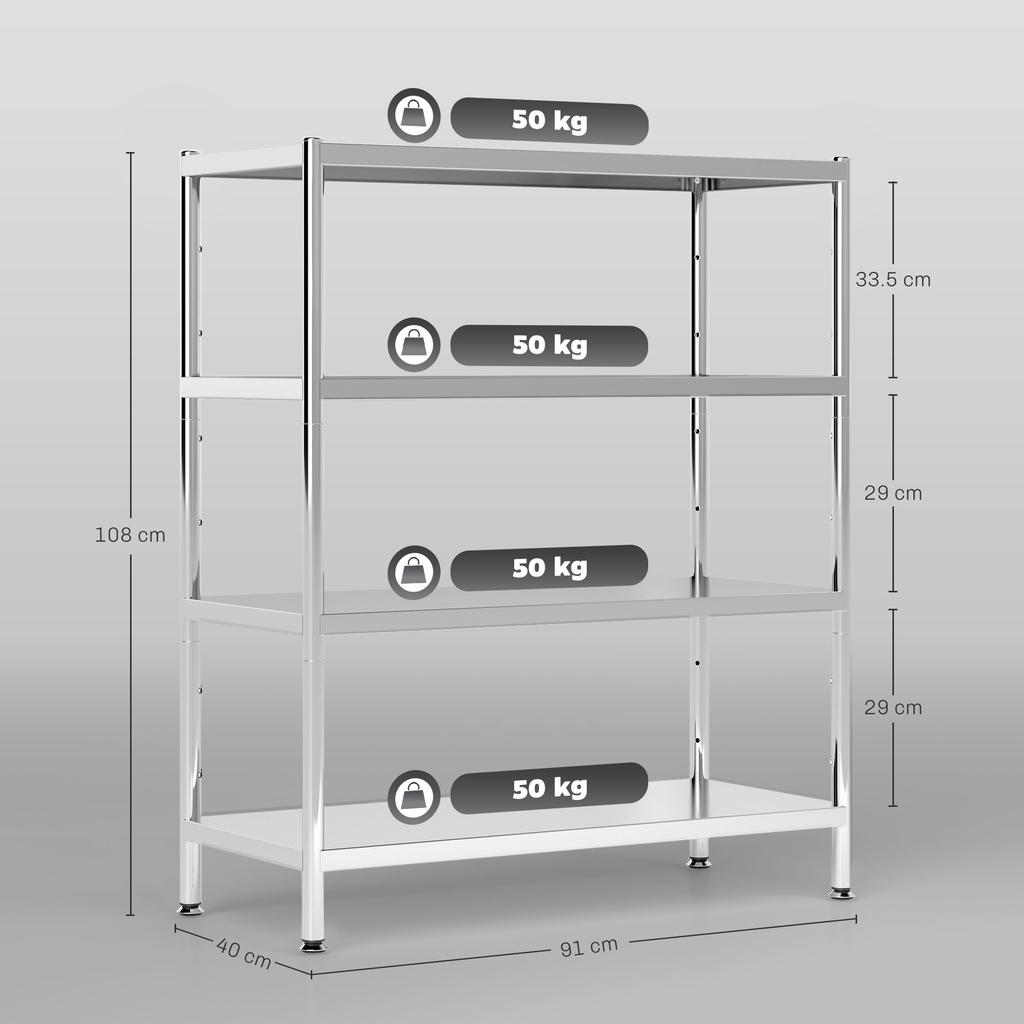 4-Tier Kitchen Shelf Adjustable to 10 Different Heights, Stainless Steel, 91x40x108 cm, Silver