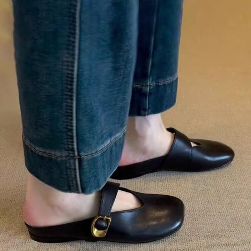 Fashion Retro Flat Baotou Half Slippers Women's Summer New Square Toe Shallow Mouth Metal One-word Buckle One-foot Slip-on Sandals