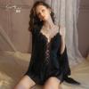 Underwear Passion Seduction Smooth Satin Lace Pure Desire Deep V Low Chest Nightdress Robe Home Suit