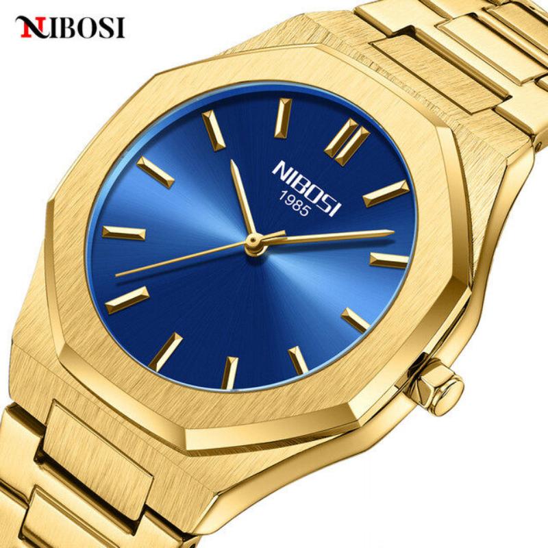 NIBOSI Модные мужские часы Топ Бренд Роскошные из нержавеющей стали Золотые Кварцевые часы Мужские Спортивные Водонепроницаемые Часы синий/золотой
