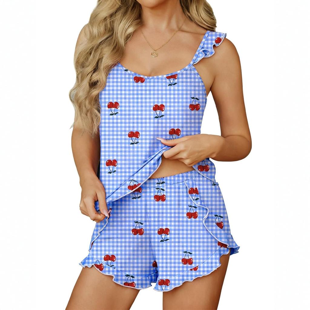 Women's Two Piece Pajama Set Sleeveless Tank Top with Ruffle Strap and High Waist Shorts with Ruffle Hem Lightweight Sleepwear Lounge Set