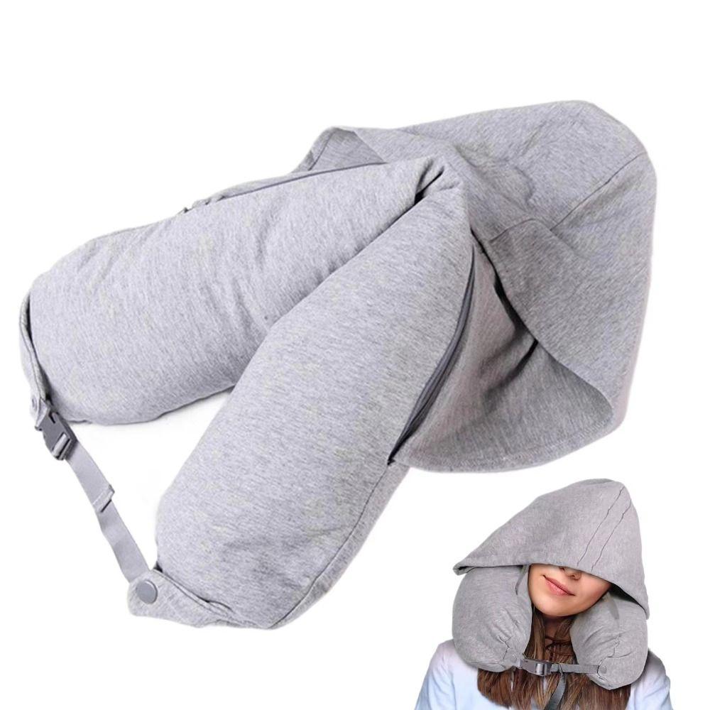 Fillable Travel Neck Pillow with Hood Light-blocking Nap Pillow Neck Support with Storage Pouch Office Sleeping Headrest
