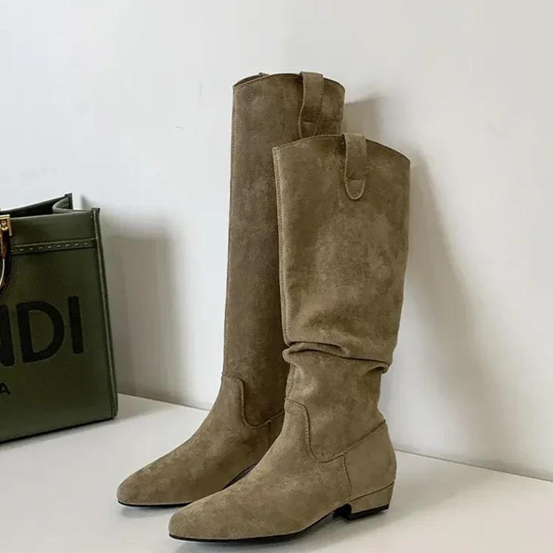 Vintage Women Western Knee High Boots Fashion Pleated Long Booties Concise Square Low Heels Shoes