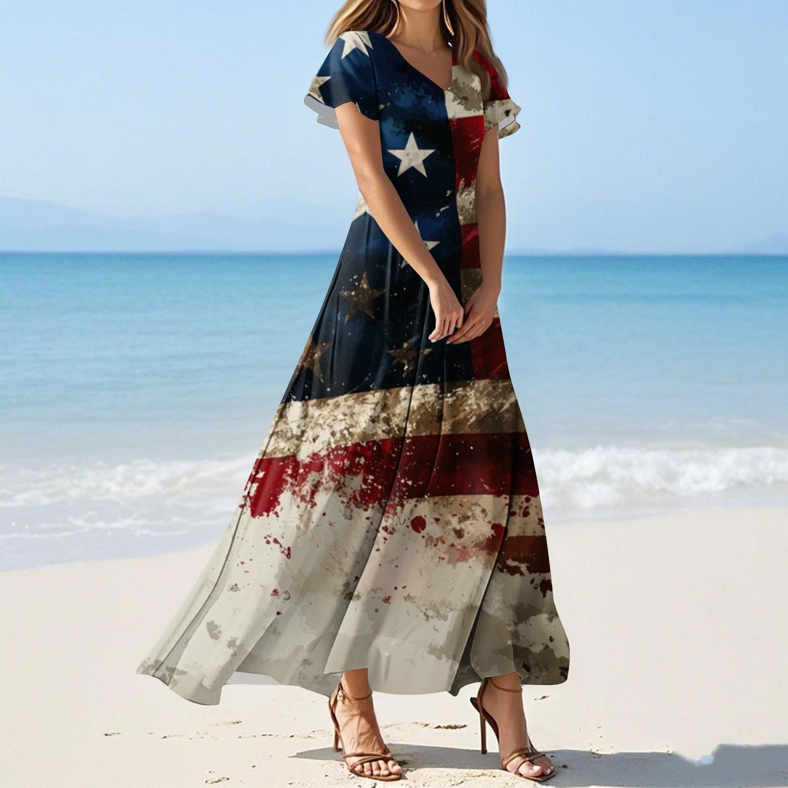 

Women s Summer Casual Fashion Independence Day Printed Dresses V-Neck Short Sleeve Dresses XS винний