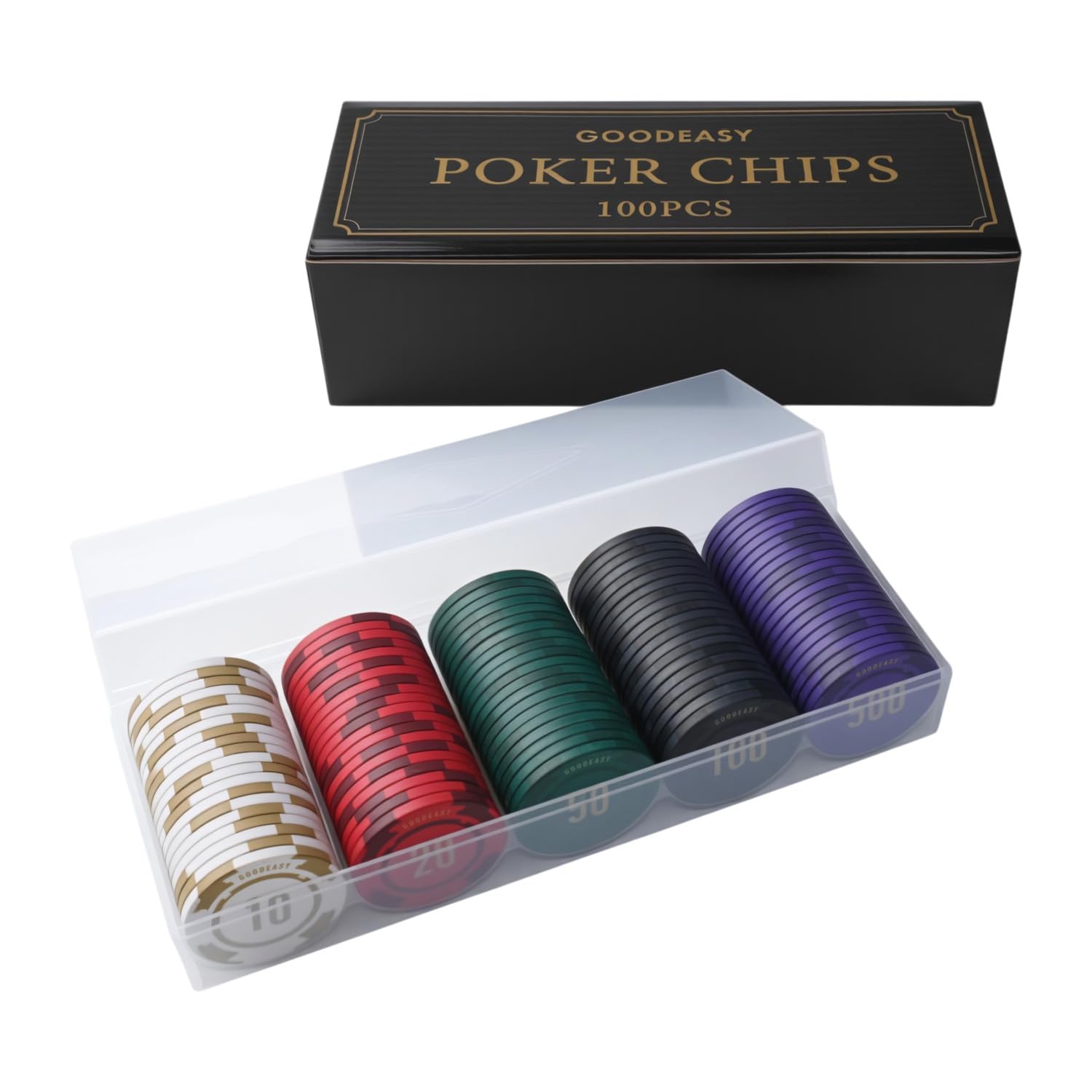 

GOODEASY Ceramic Poker Chip Set with Design Turn Your Home into a Premium 100-Piece Casino-Grade Case, Gift-Ready [Premium - Casino]