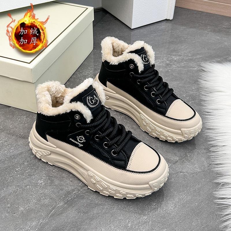 Women Ankle Boots Winter Waterproof High-top Shoes Non-slip Plush Warm Boots Ladies Lace-up Outdoor Hiking Sneakers Flat Botas