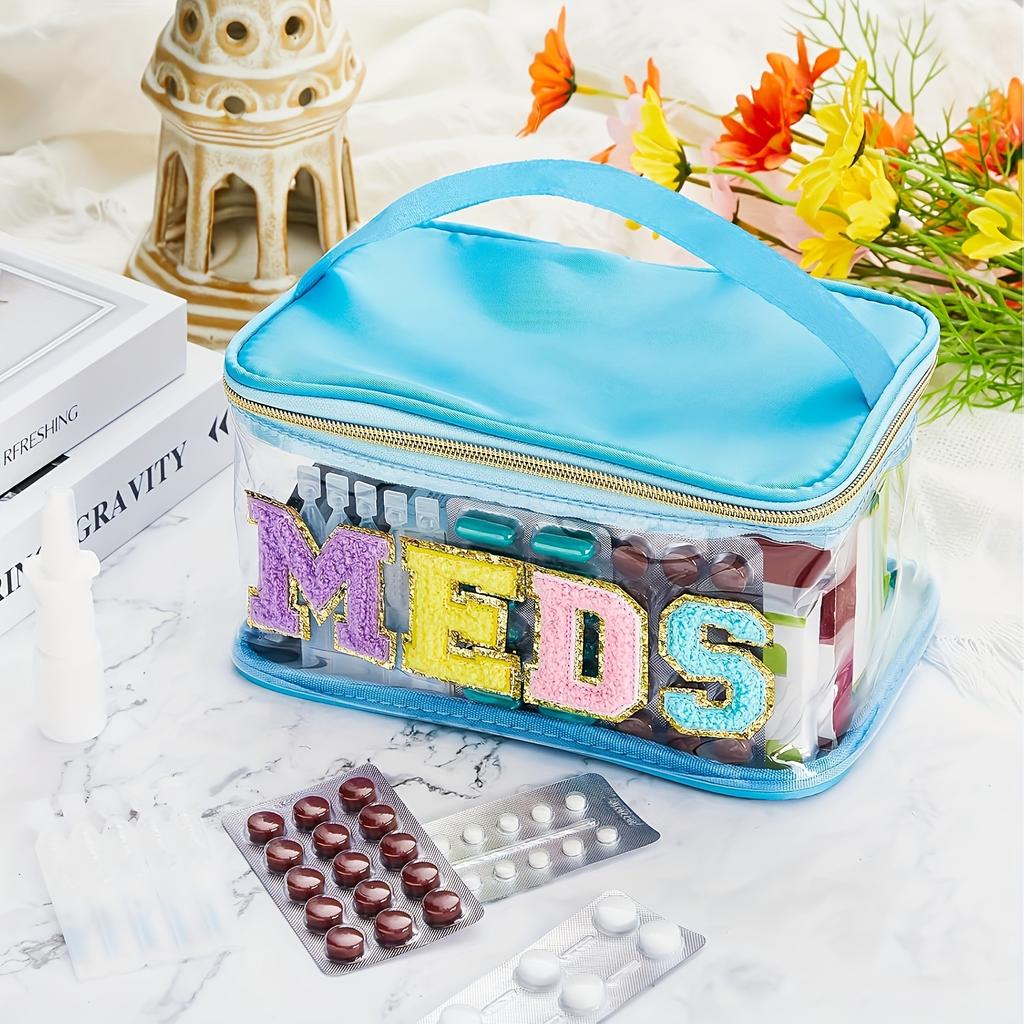 Chic Waterproof PVC Makeup Bag with Plush Chenille "MEDS" Lettered - Portable Large Capacity Travel Storage Bag with Zipper Closure for Easy Cleaning