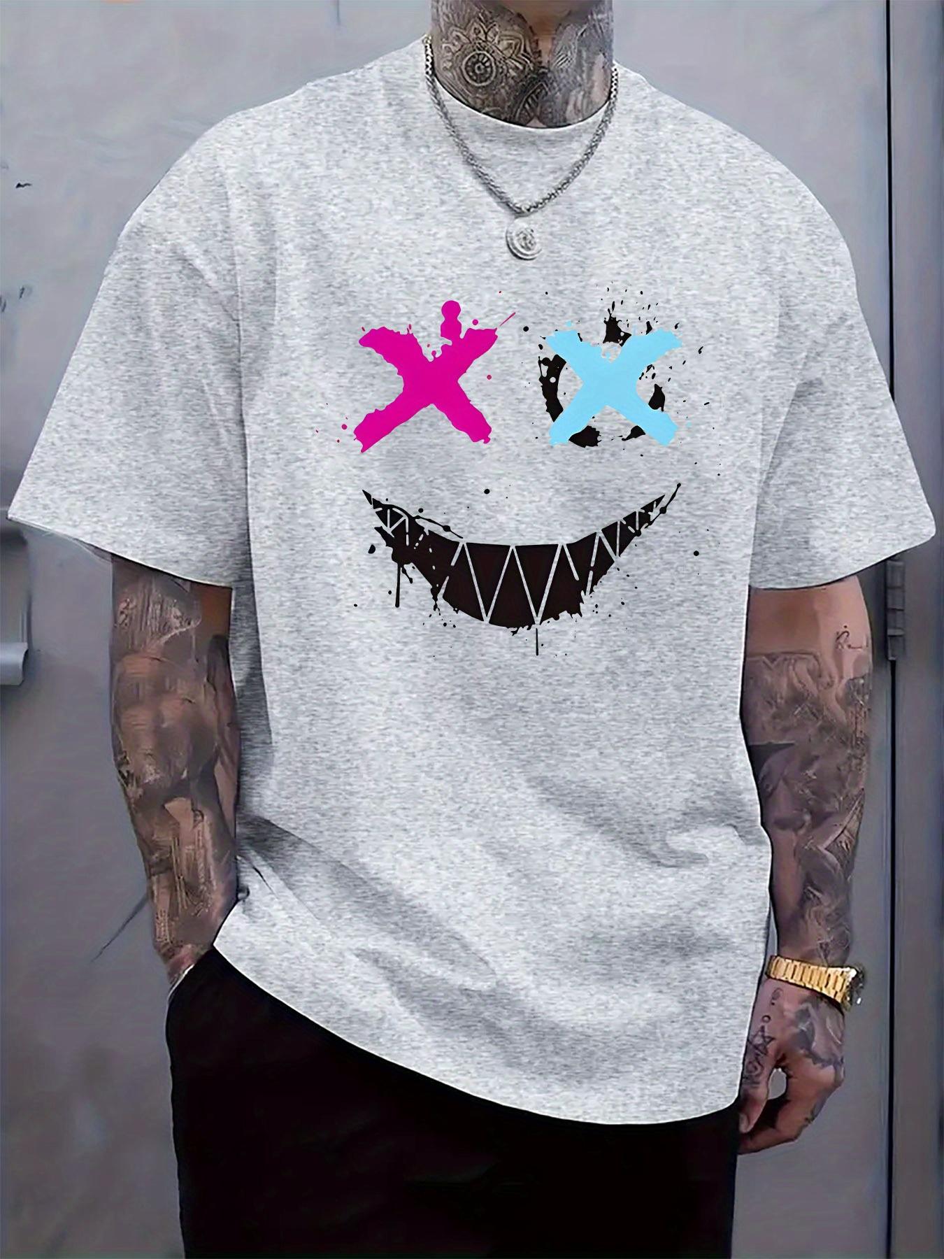 Casual Crew Neck T-shirt with Vibrant Face Print - Short Sleeve S