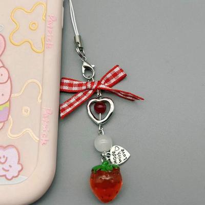 Sweet Kawaii Red Strawberry Keychain Heart Bow Beaded Phone Charms Lanyard Fresh  Bag Camera Pendant Hanging Jewelry
