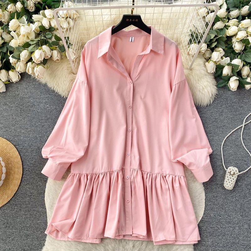 

Chic Early Autumn Wear Slim Looking Girl s Dress Long Sleeves Shirt Pink All yards