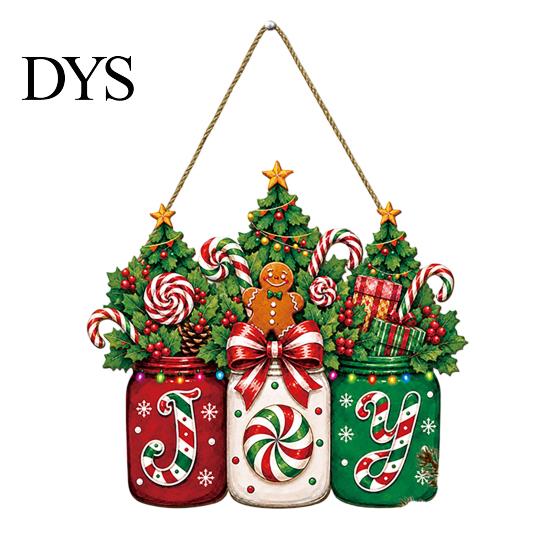 Christmas Party Door Hanger Sign, Gingerbread Candy Wooden Joy Hanging Wreath, Mason Cane Holiday Sign Jar Welcome for Front Door, Wall, Window, Porch