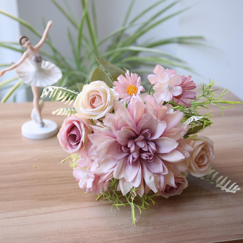 1Pc Artificial Rose Flowers Wedding Home Bedroom Decor Bridal Bouquet Garden Fake Silk Dahlia Hydrangeas Vase For Board Outdoors