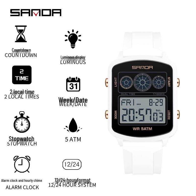 Sanda Dual Time Waterproof Transparent Sports Wristwatch with Colorful Single Display and Student Timer Function