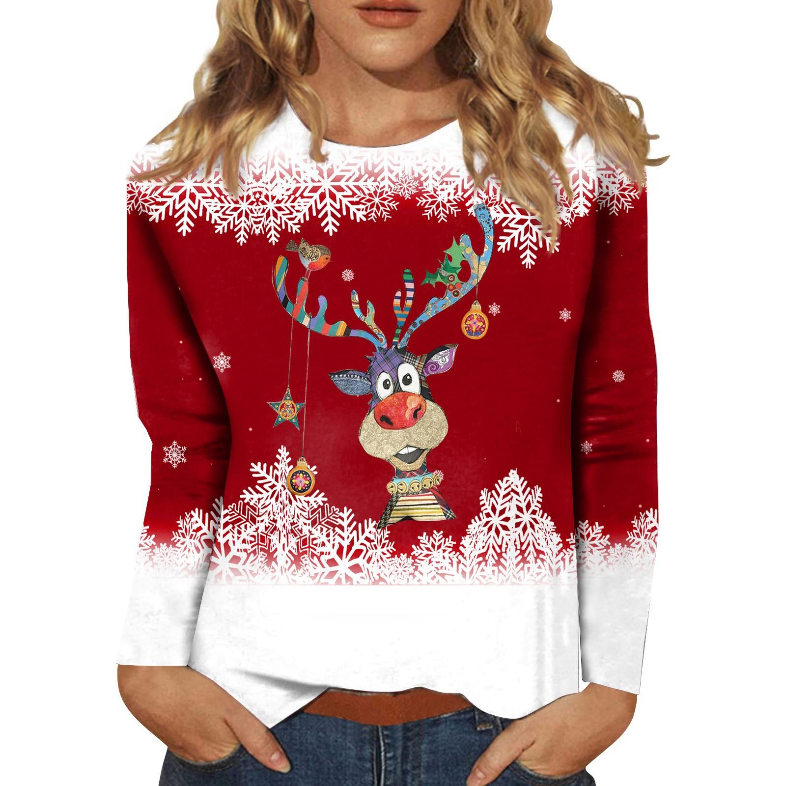

Женская мода, повседневная блузка с длинным рукавом и рождественским принтом, пуловер с круглым вырезом XL красный