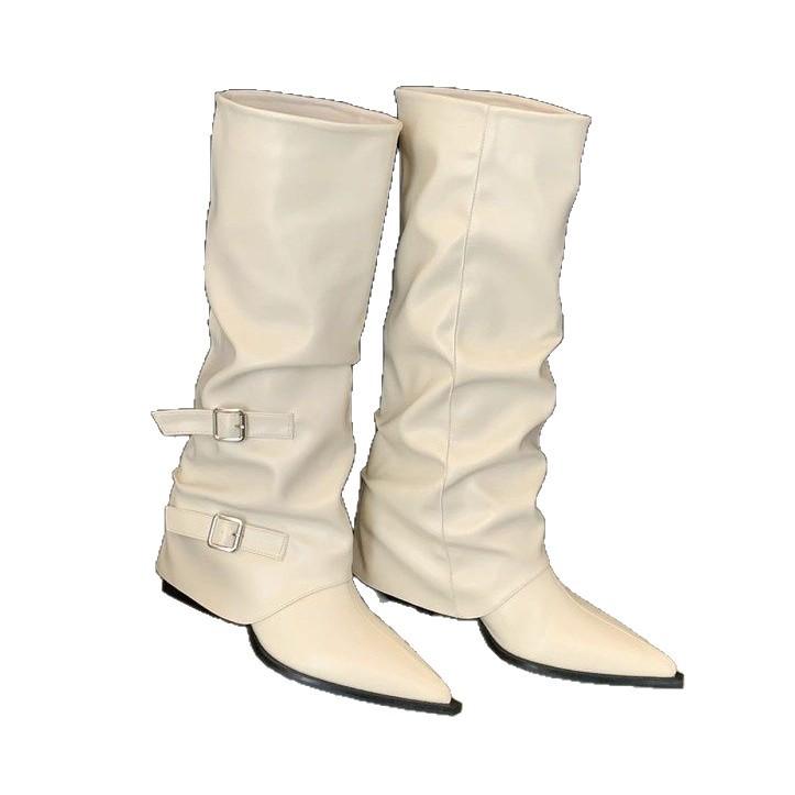 Pointed Buckle Pleated Pile Boots Women's Thick Heel 2025 Punk Style Knight Boots Fried Street Hot Girl High Heel Boots