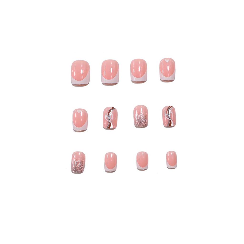 Sweet and Cute Glitter Heart White French Nails - European and American Style