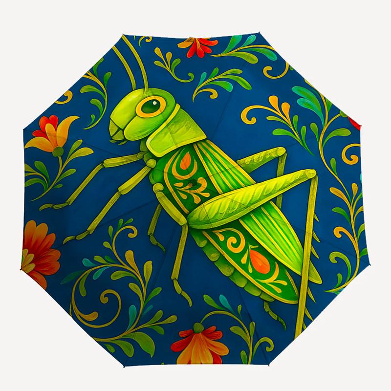 

Elegant Grasshopper Design Automatic Opening/Closing Umbrella with Floral Patterns - Portable Folding Design, 8-Bone Iron Frame Outdoor Umbr