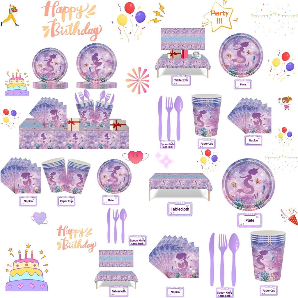 Verträumtes Rosa und Lila Meerjungfrau-Themenparty Geschirrset für Kinder