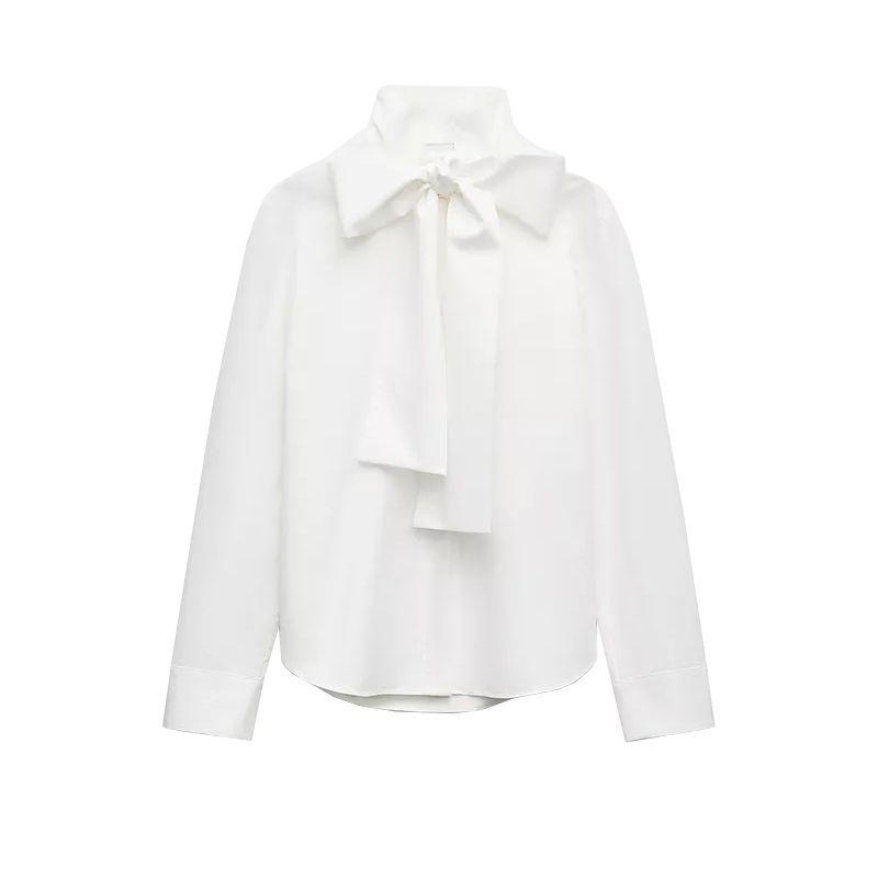

Spring New Women s Loose Lapel Single-Breasted Cotton White Bowknot Decoration Long Sleeves Shirt 4786282 White L
