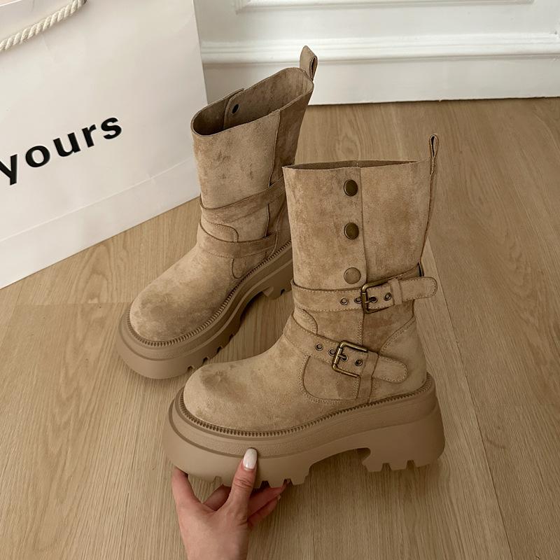 Height-increasing Retro Maillard Martin Women's Autumn and Winter New Models But Knee Two Wear Thick-soled Thick-heeled Western Short