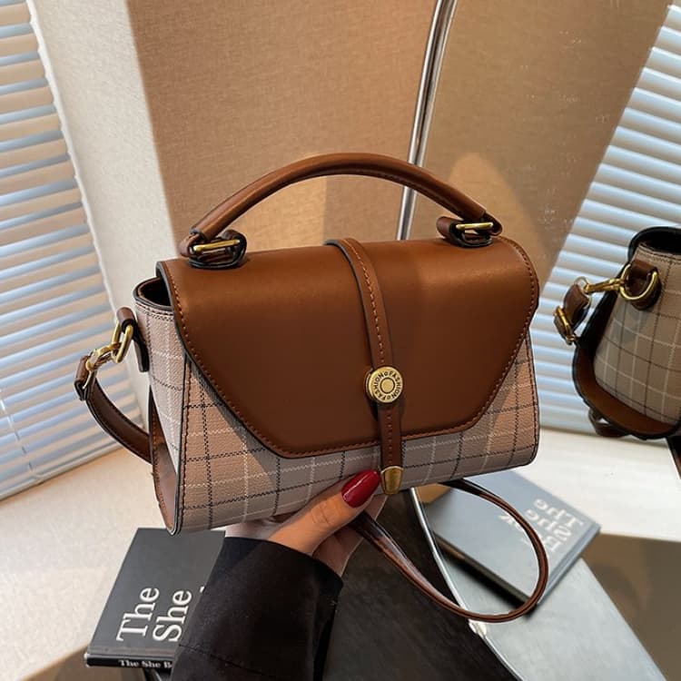 Plaid Splicing Flip Small Square Bag Women's Portable Messenger Bag