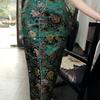 Embroidered Floral Satin Long Maxi Shiny Cheongsam Dress with Ten Buttons [TRTRO] Cheongsam, Cheongsam, Length, (Small, Green)