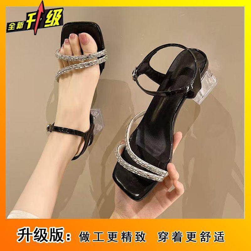Transparent Thick Heel Medium Heel Sandals Women's Summer 2025 New High-end Niche Word with Crystal Rhinestone Sandals