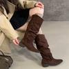 Pile Boots Vintage Suede Khaki Boots 2025 Women's Boots French Autumn Skinny Boots Thick Heel High Boots