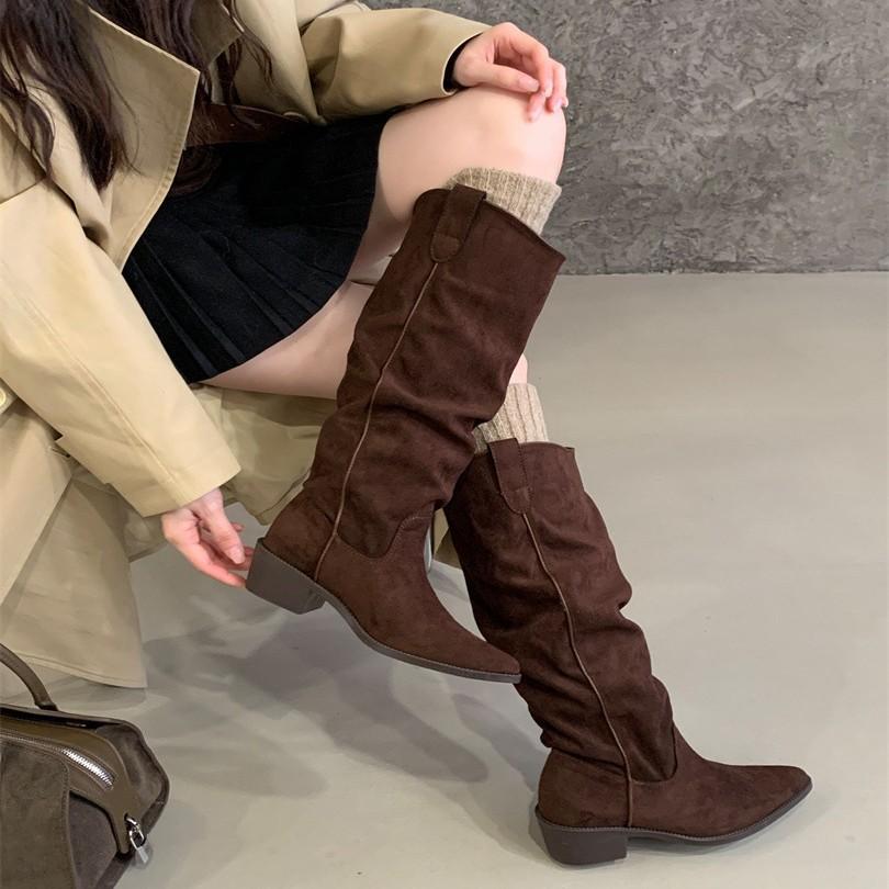Pile Boots Vintage Suede Khaki Boots 2025 Women's Boots French Autumn Skinny Boots Thick Heel High Boots