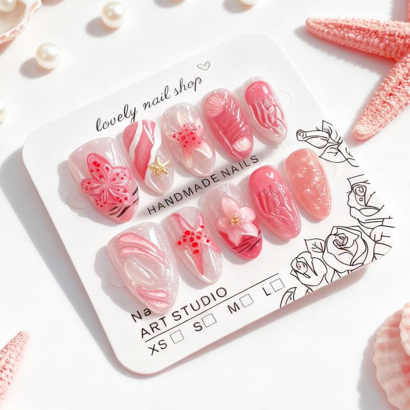 30-Piece Exquisite Almond-Style Pink 3D Jellyfish & Starfish Nail Art Tips