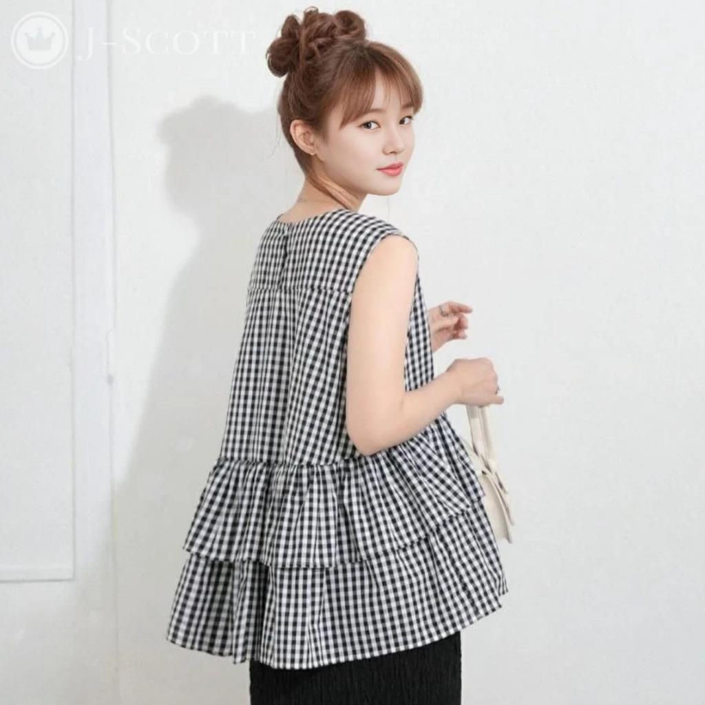 J-Scott Women's Tiered Blouse, Sleeveless, Ruffled Tunic, Round Neck, Feminine Check, JS152-CH-M