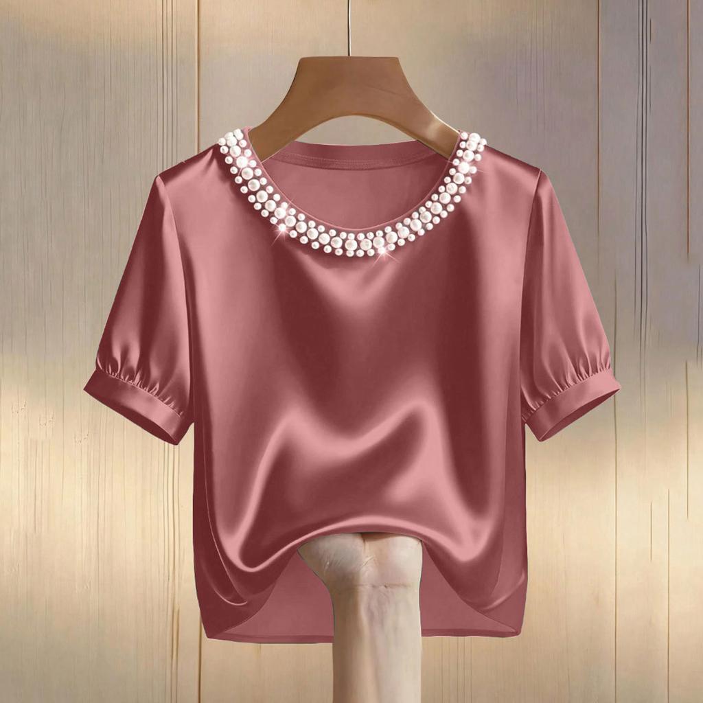 Damen-T-Shirt mit Satin-Perlenmuster, Rundhalsausschnitt und kurzen Ärmeln, lässiges Oberteil