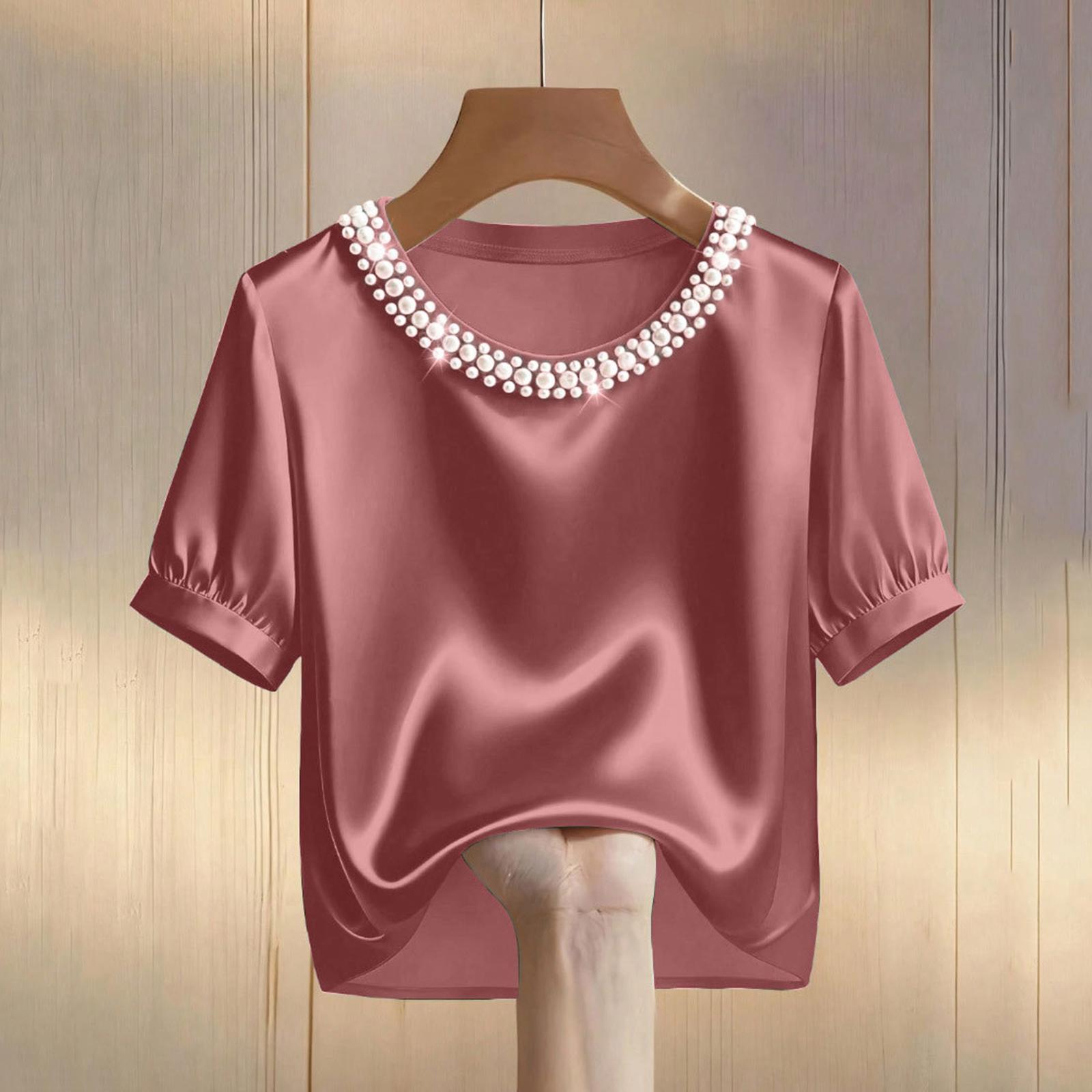 

Женская модная атласная футболка с жемчугом, круглым вырезом и коротким рукавом, повседневный топ M розовый