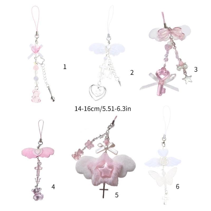Sweet Bowknot Phone Charm Angel Wing Pendant Keychain for Bag Accessory Phone Strap Lanyard Beaded Key Chain Jewelry