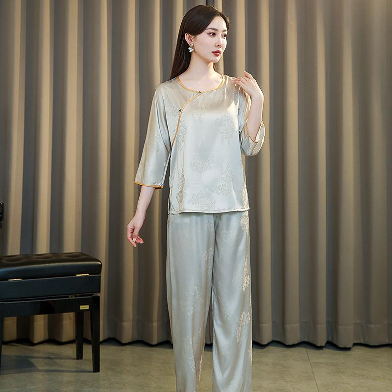 [Jinling] New ice silk pajamas women's summer Chinese style suit ice silk satin pullover jacquard home clothes