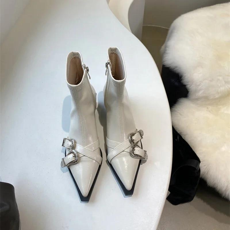 Fashion Designer Pointed Toe Women Ankle Boots Fashion Thick Heel Slimming Short Booties Autumn Winter Female Shoes