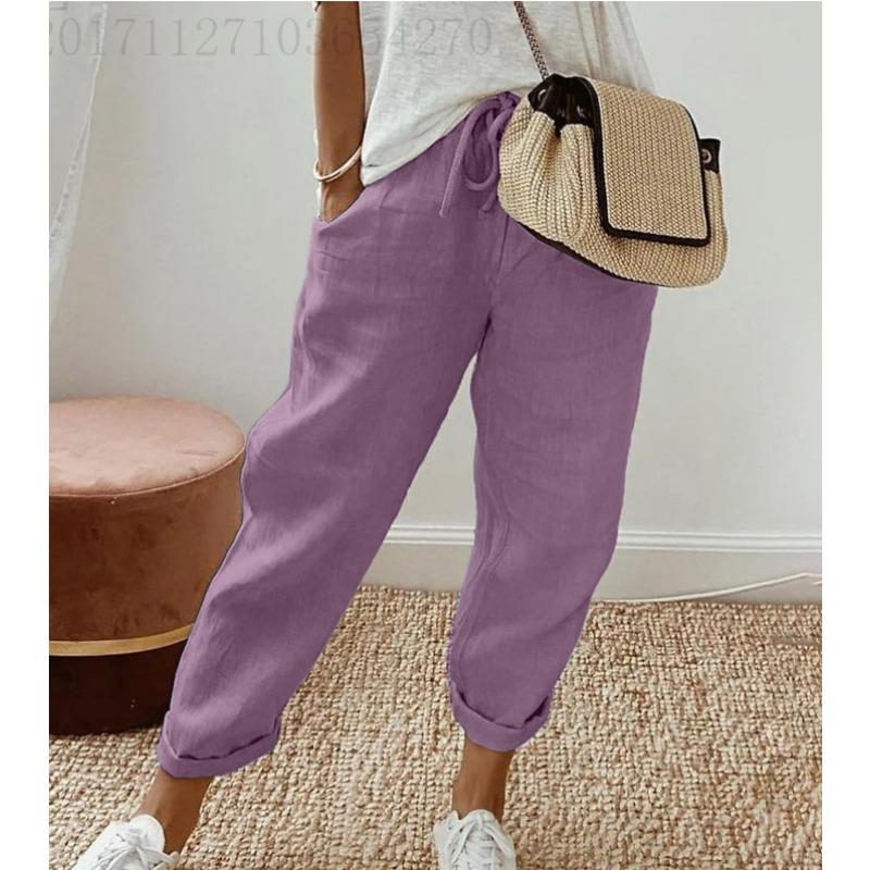 IHUASU Ladies Cotton Linen Pocket Elastic Casual Pants for Women