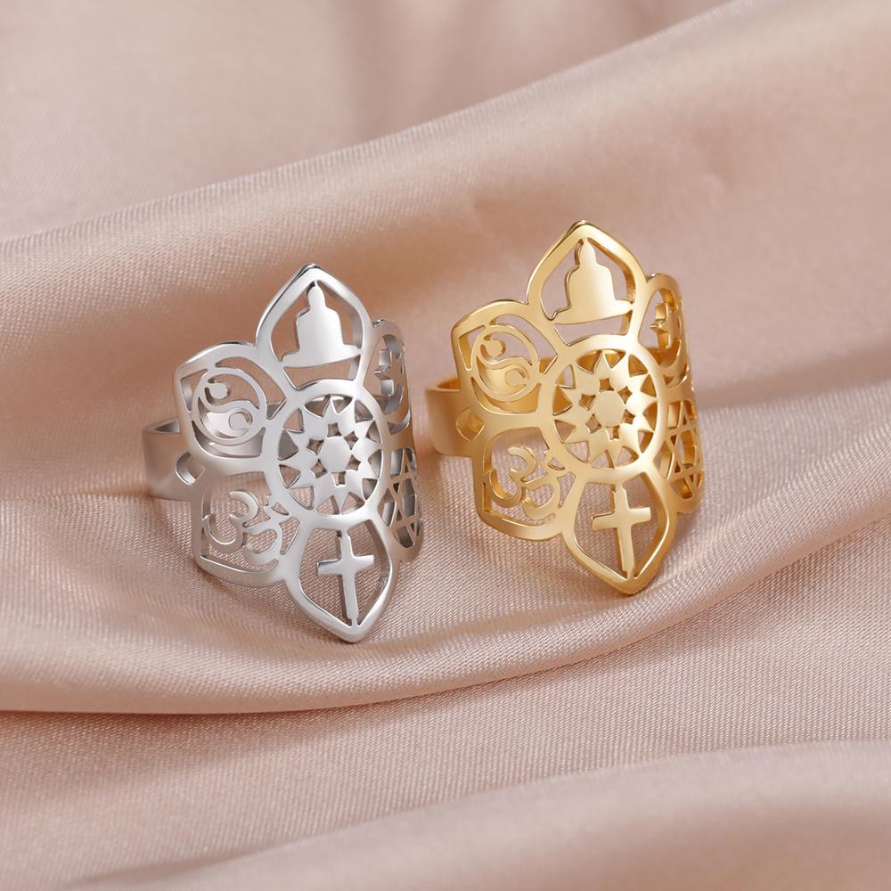 Dawapara Coexist Spiritual Symbols Adjustable Ring Good Luck Amulet Peace Unity Religious Dharma Wheel of Life Stainless Steel