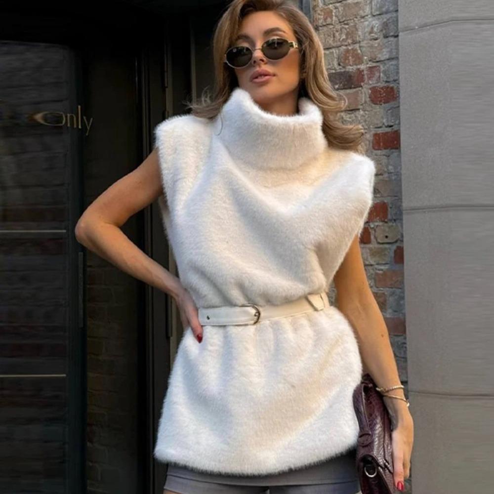 Faux Fur Vests Women Loose High Neck Hollow Out Sleeveless Belts Solid Crop Top Female Chic Warm Tank Tops