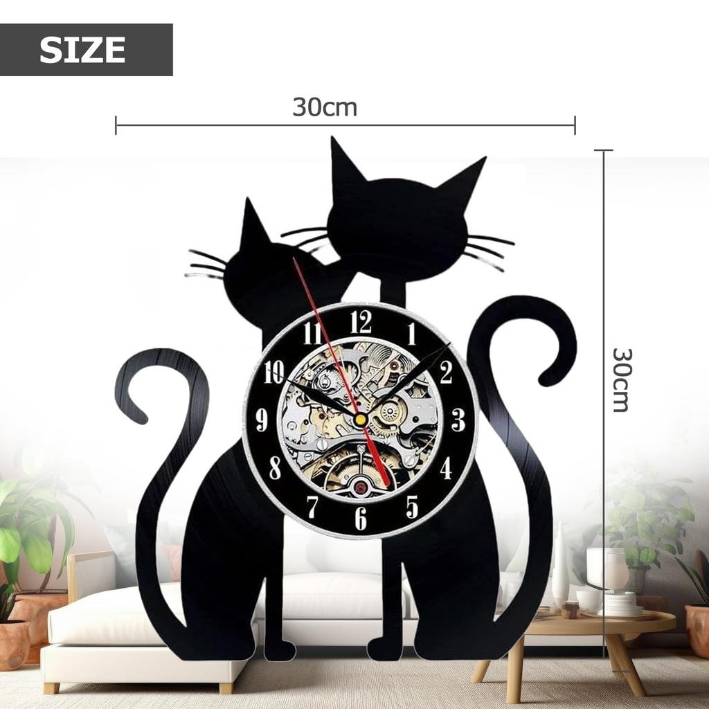 PIENSE Wall Clock, Cat Design, Scandinavian Antique Decor, Analog (Cat B)