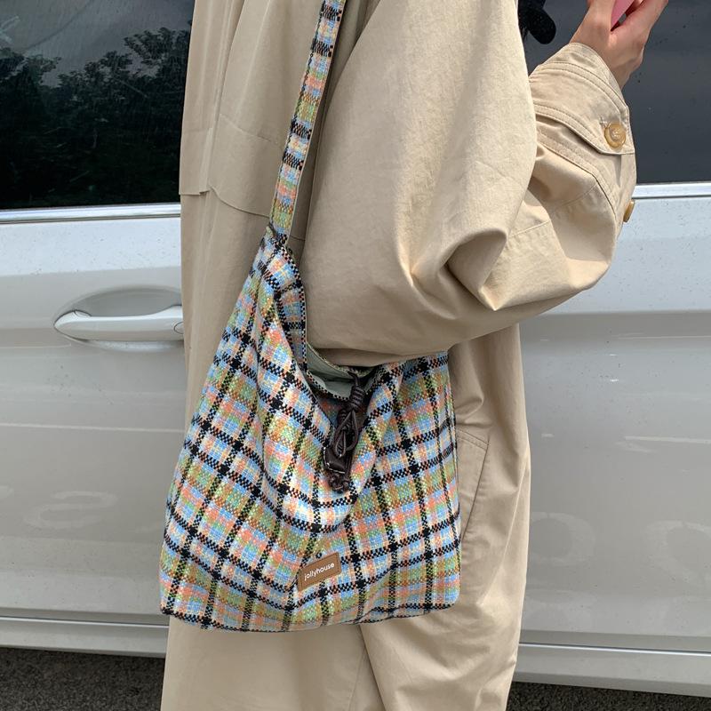 Vintage Plaid Double-Sided Shoulder Bags for Women Large Capacity Ladies Crossbody Bag Carto Embroidery Girls Casual Tote 2390₽