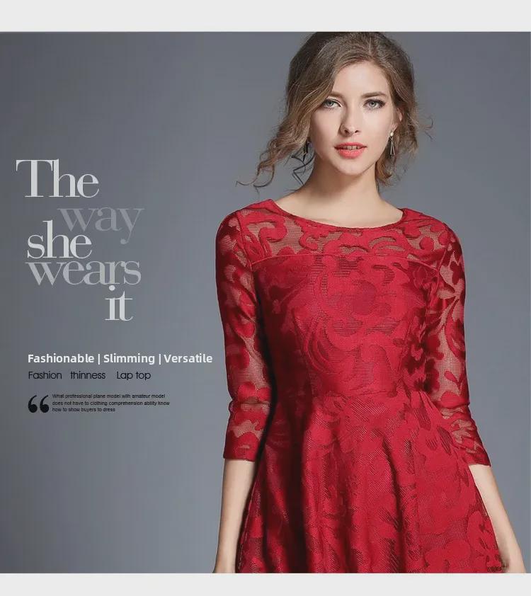 Übergröße Spitzen-Swingkleid mit Dreiviertelärmeln - Europäischer & Amerikanischer Stil, Slim Fit für Frühling und Herbst