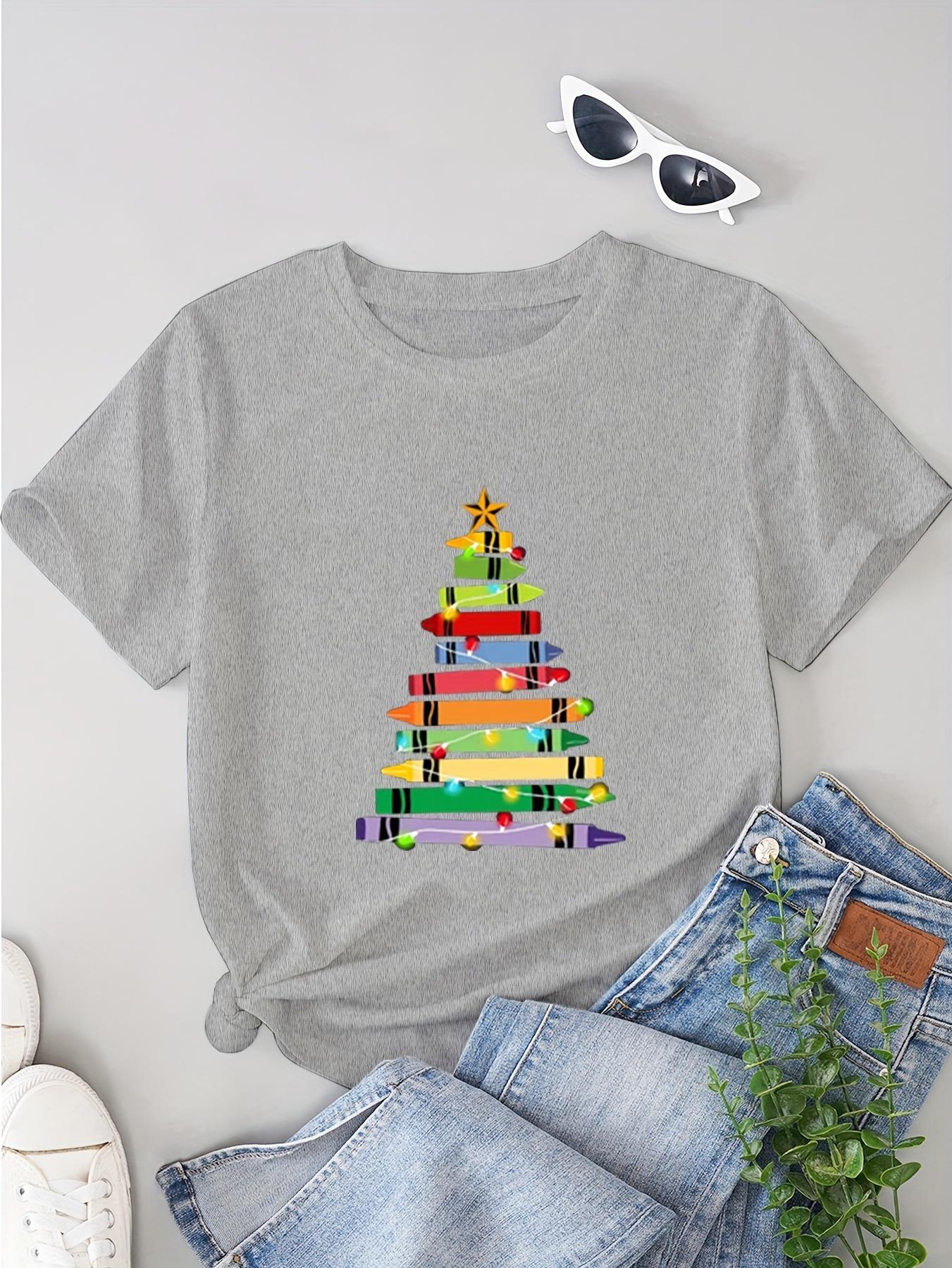 

Sleeve TShirt for Women Casual Crew Neck Christmas Crayon Tree Light Teacher Gift Student Graphic Harajuku Short Sleeve Casual 3XL