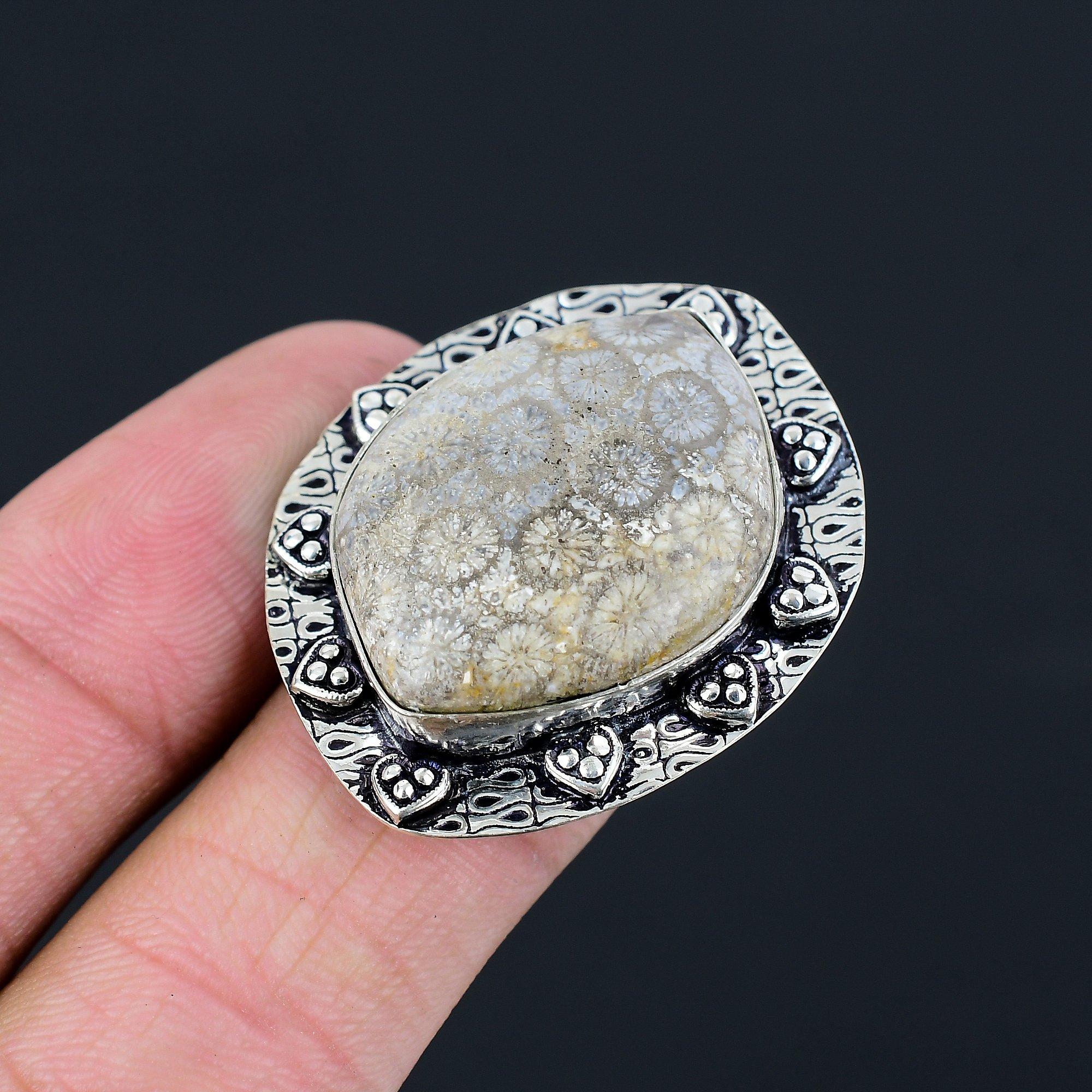 

Fossil Coral Gemstone Sterling Silver Solitaire Engagement Ring Jewelry Size 7 7